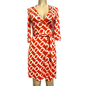 DVF Diane von Furstenberg Julian Wrap Dress Orange White Chain Link 4 S Vintage